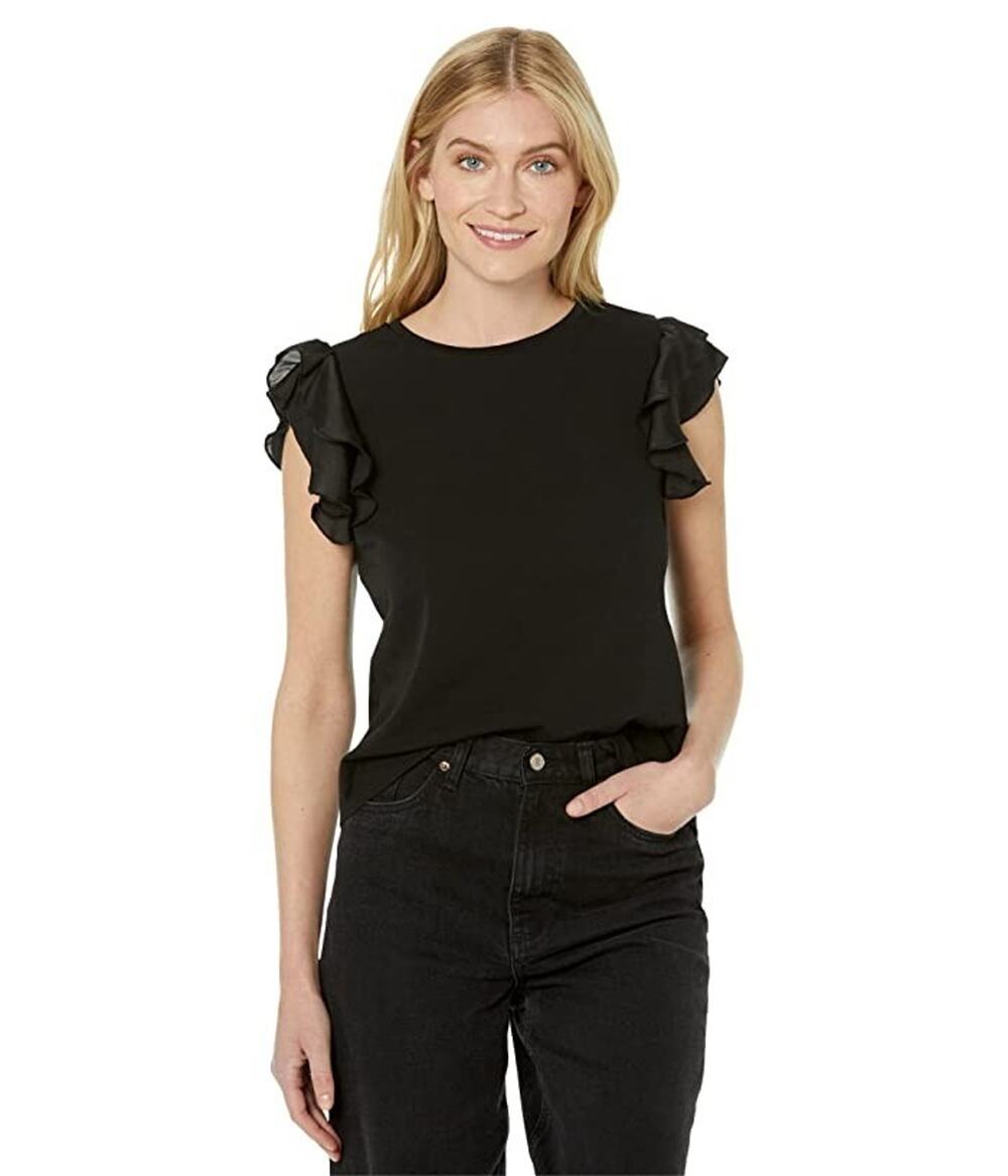Vince Camuto Women's Tiered Ruffled-Sleeve T-Shirt Black Size L 4052